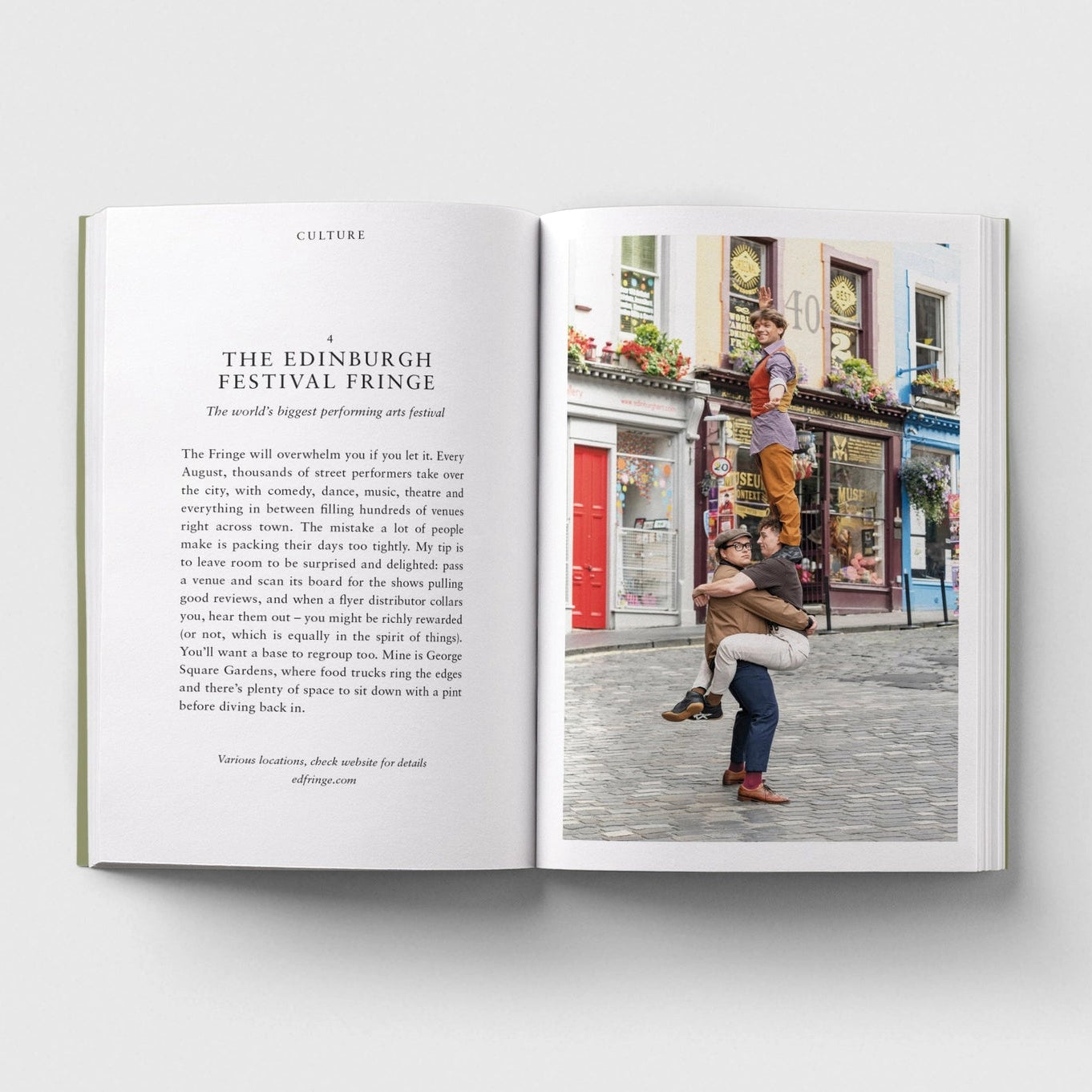An open printed magazine or book spread photographed on a light gray background. The left page contains a column of text under the heading 'CULTURE' and 'THE EDINBURGH FESTIVAL FRINGE.