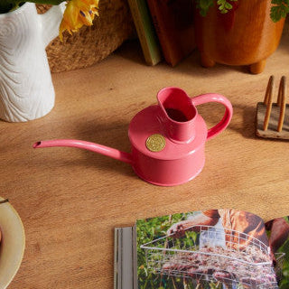Pink watering can on a wooden surface with apples and gardening tools in the background