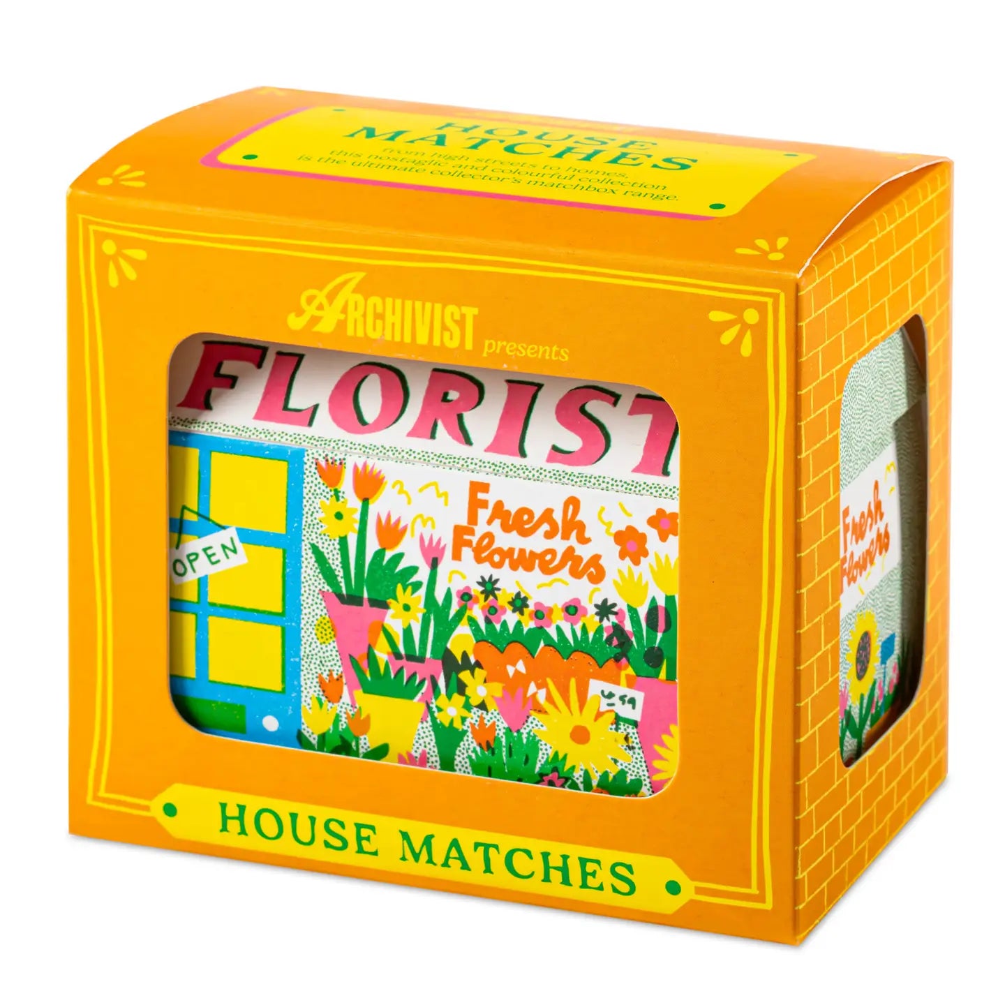 Archivist house matches packaging with colorful design and 'Florist' text on a white background