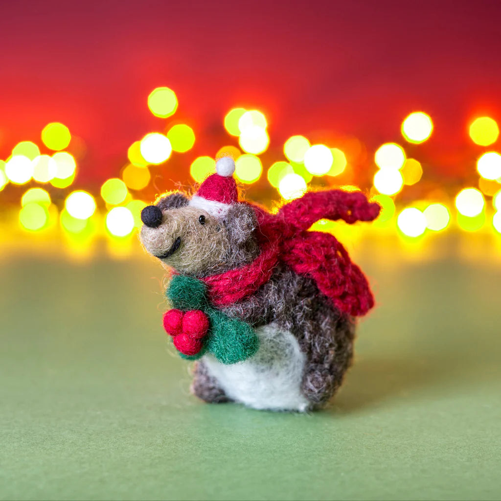 Hedgehog with Holly Sprig | Felt Christmas Decoration