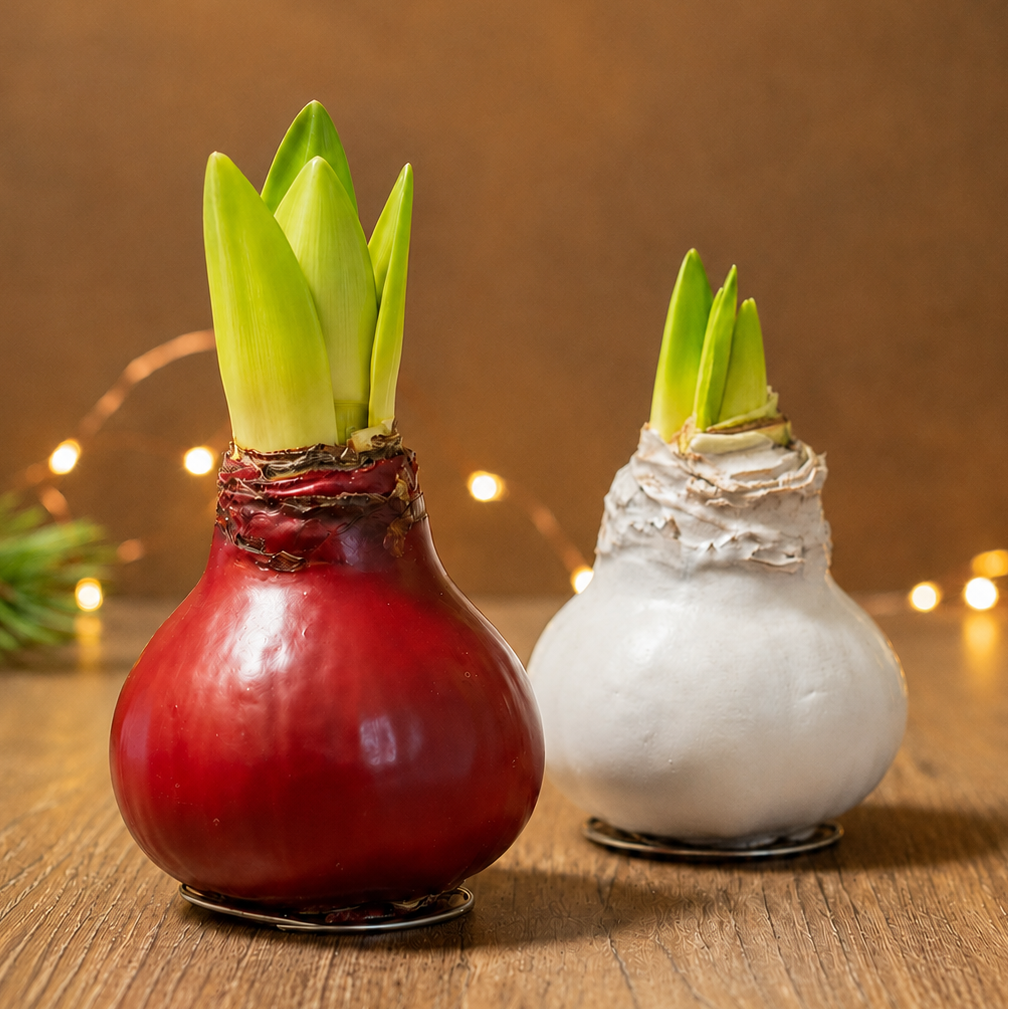 Red and white No Water Flowers® wax amaryllis bulbs with green shoots and festive fairy lights.