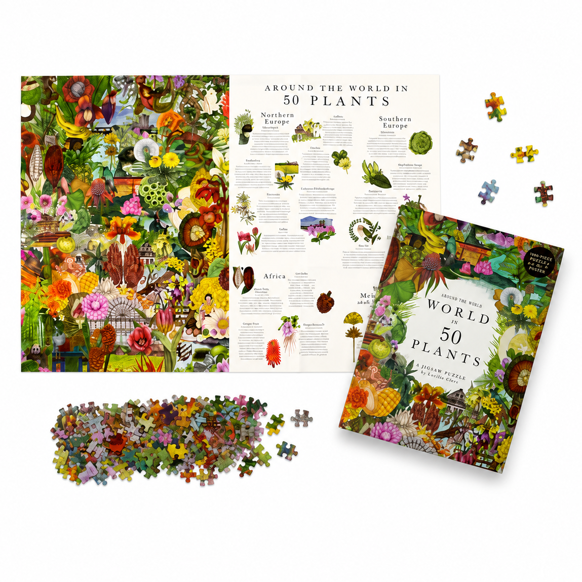 A jigsaw puzzle set about 50 plants, shown with the completed puzzle, an informational plant guide sheet, the puzzle box, and scattered loose puzzle pieces on a white background.