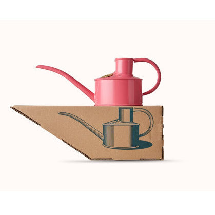 Pink watering can on a cardboard box with a similar watering can design.