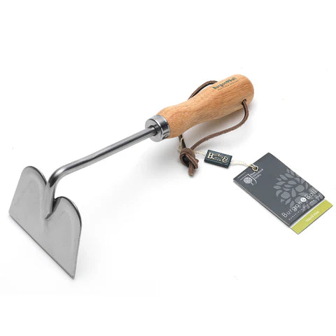 Garden tool with wooden handle and metal head on a white background