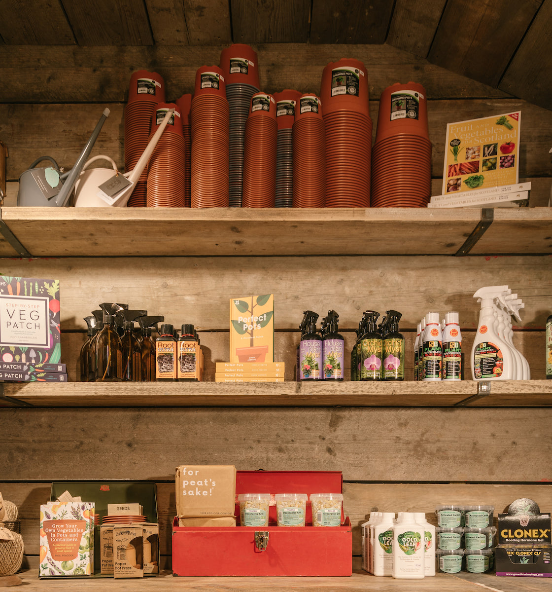 Houseplant care products on display in a plant shop