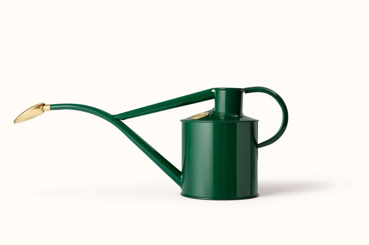 Haws green watering can on a white background