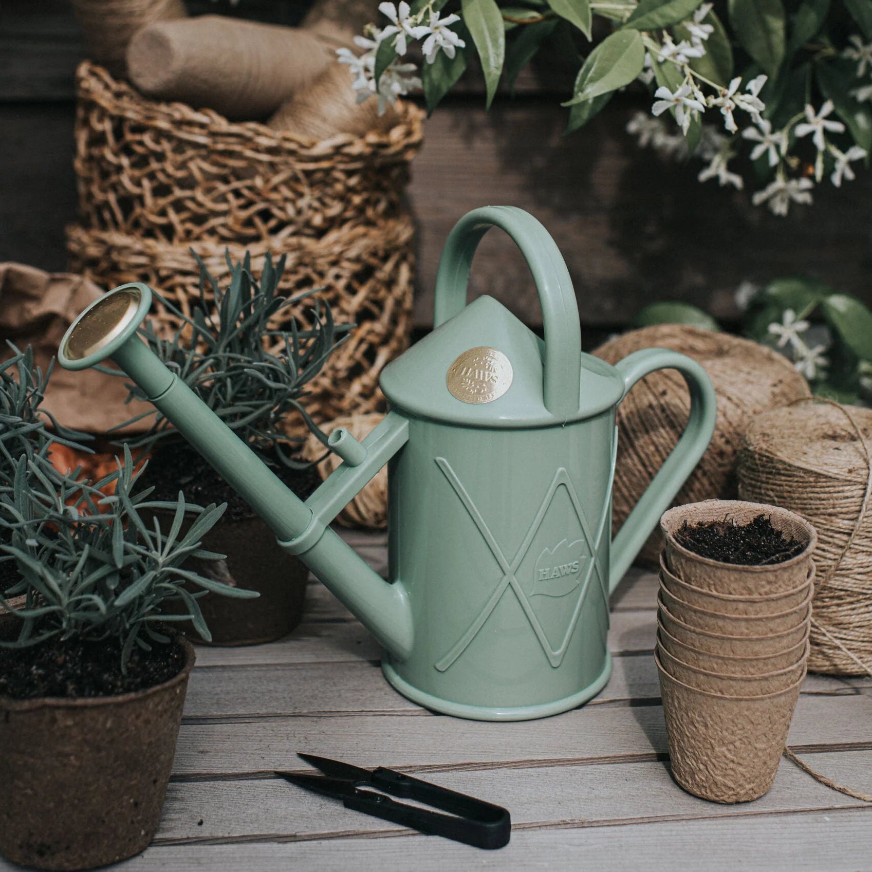 Sage Green Haws Bartley Burbler watering can on a wooden surface with plants and gardening tools