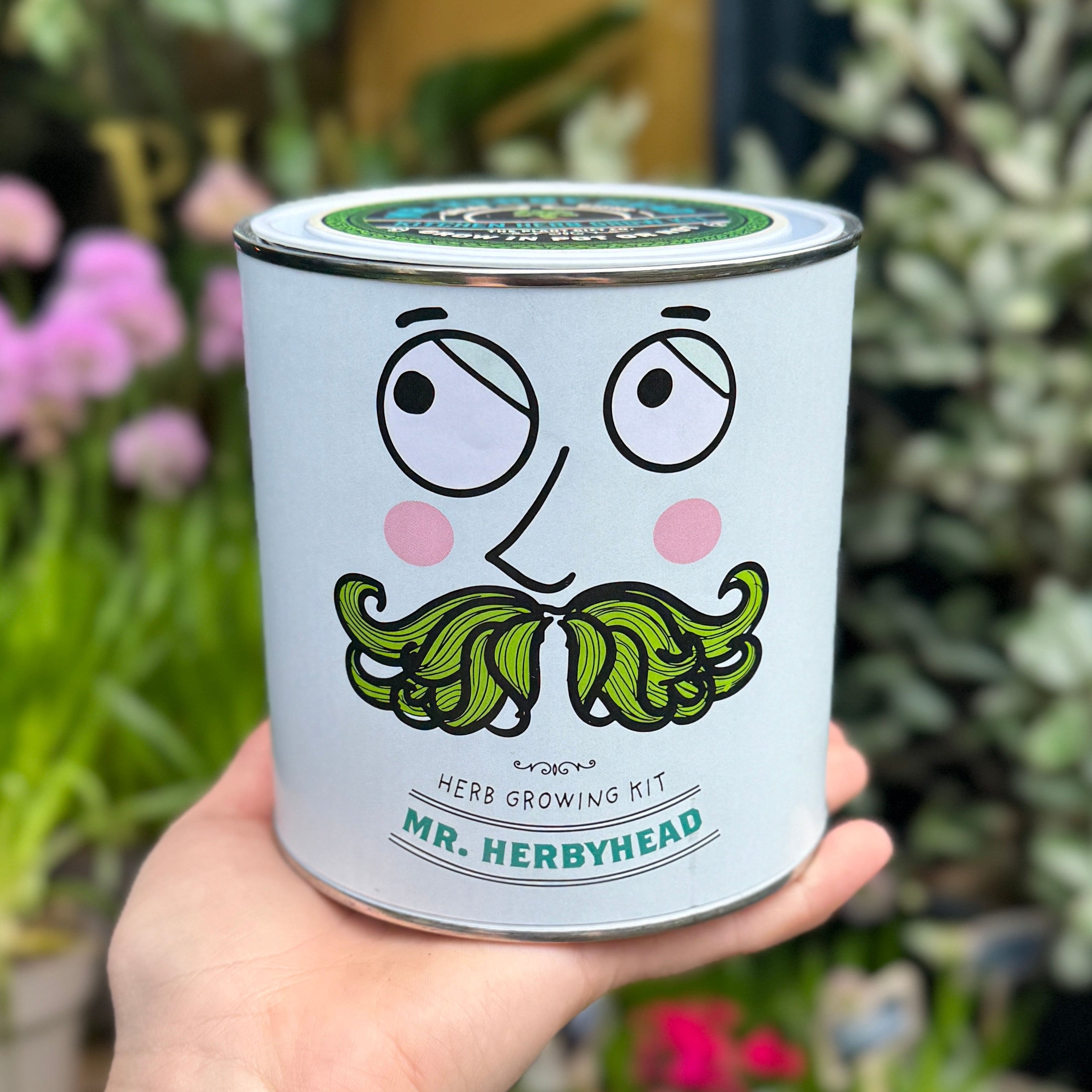 A hand holding a white metal tin labeled 'MR. HERBYHEAD HERB GROWING KIT' with a cartoon face and green mustache, set against a blurred garden background with pink flowers.