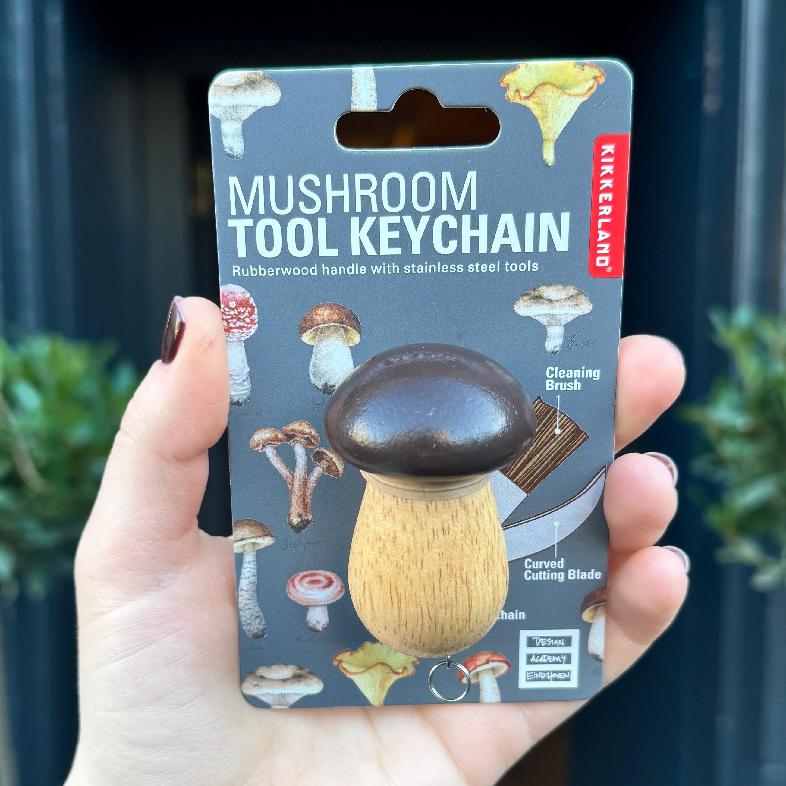 Mushroom tool keychain with packaging held by a hand against a blurred background