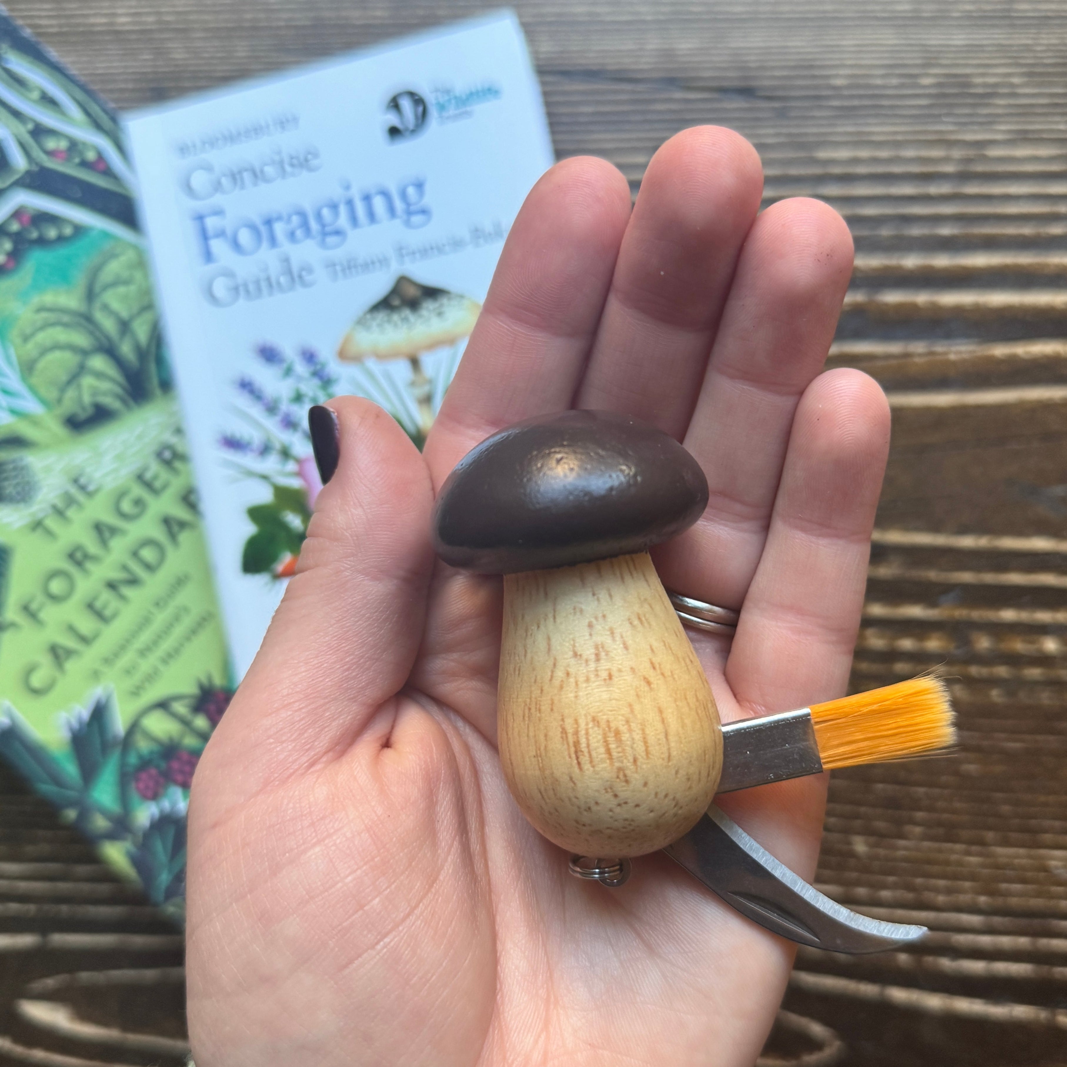 Hand holding a mushroom-shaped tool with a book about foraging in the background