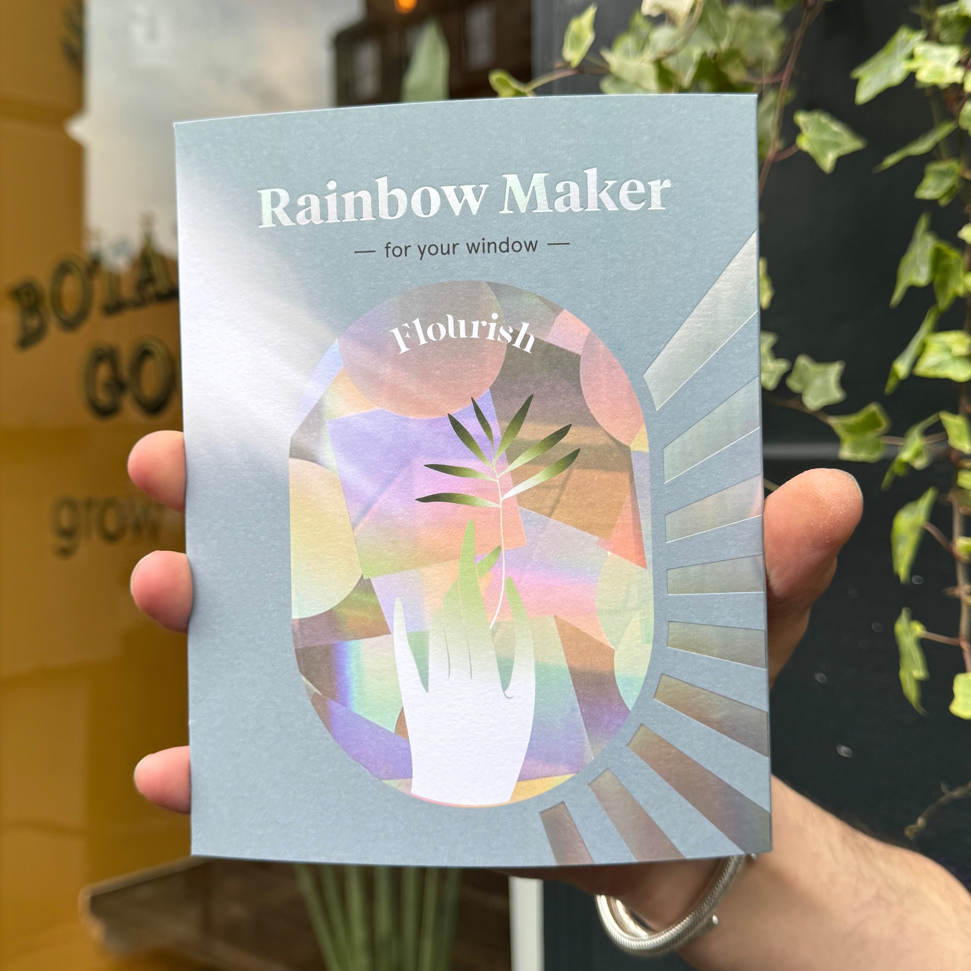 A packaged Rainbow Sticker with a geometric multicolored design, labeled 'Rainbow Maker for your window', held in front of a plant.