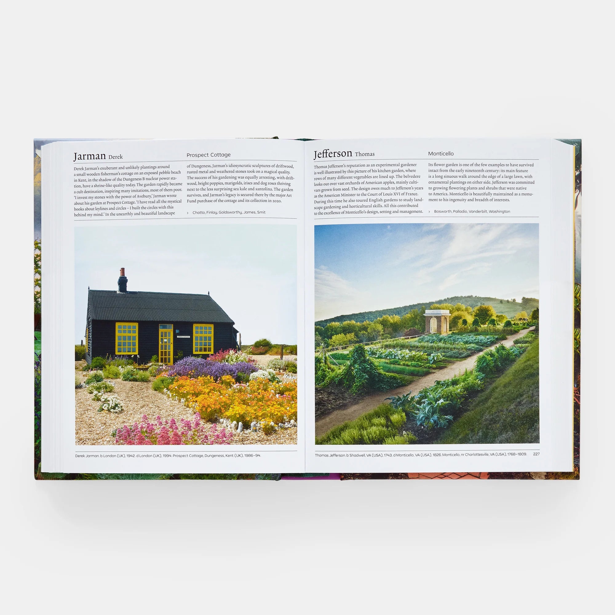 Open book showing images of a garden and a house with text on a white background