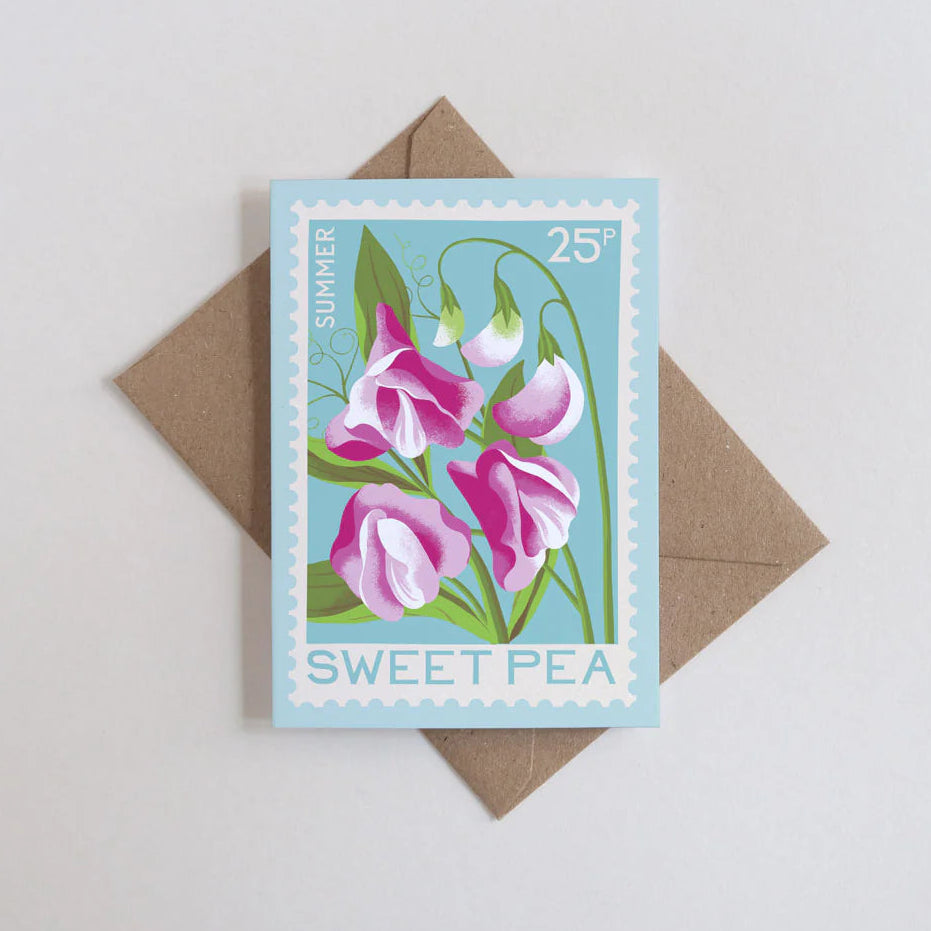 Postcard with a design of sweet peas on a light gray background