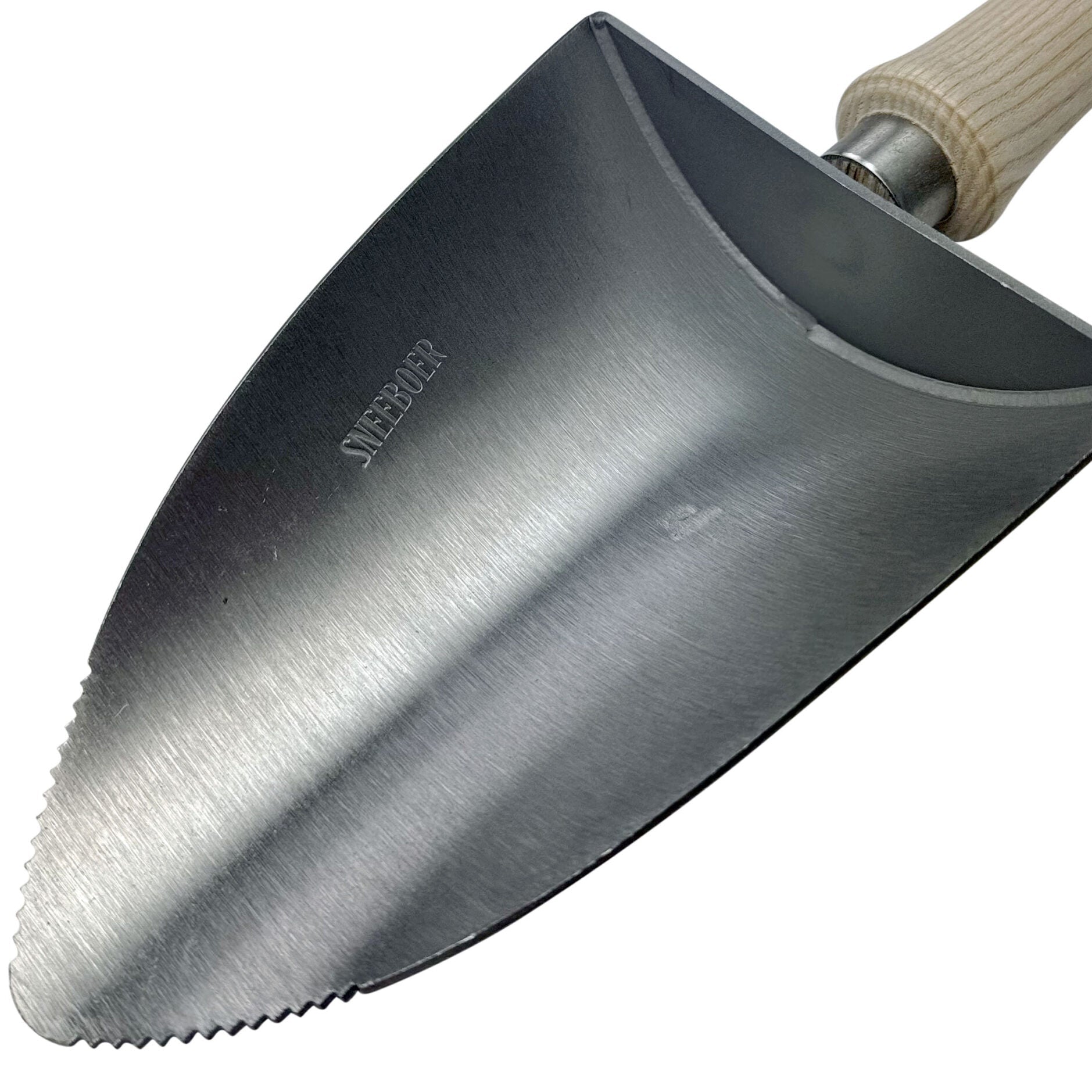 Gardening compost scoop with metal blade and wooden handle on a white background