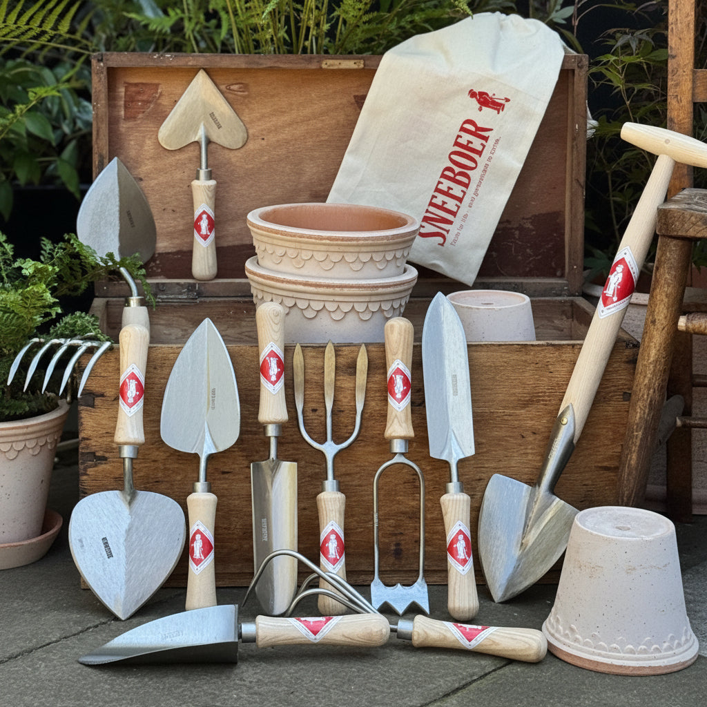 A 9-piece wooden-handled Sneeboer gardening tool set arranged in front of a rustic wooden crate with a branded dust bag. The set includes trowels, a hand fork, a weeding tool, a soil scoop, and planters, photographed outdoors on a stone patio with green plants in the background.