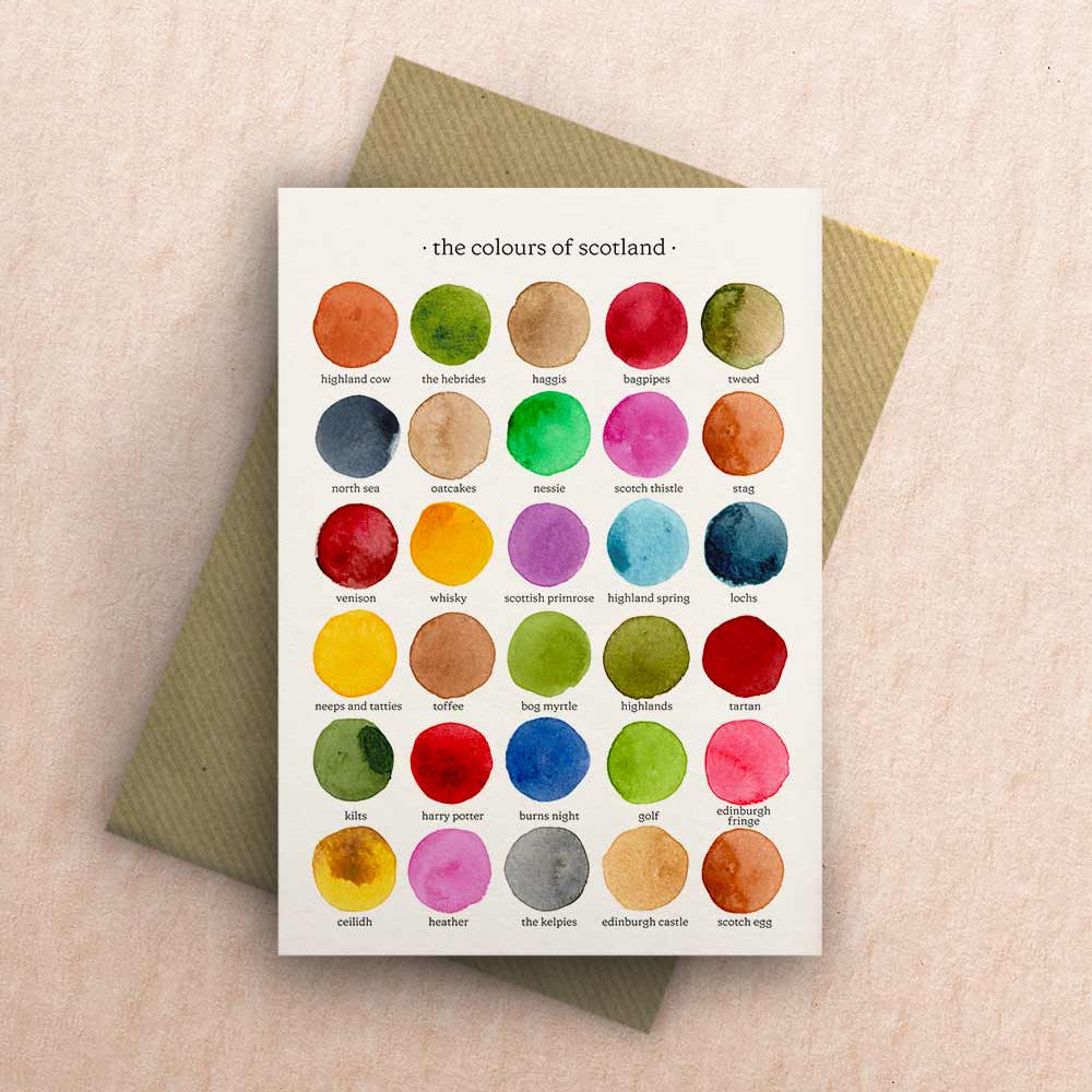 Card with color swatches labeled 'the colours of scotland' on a beige background