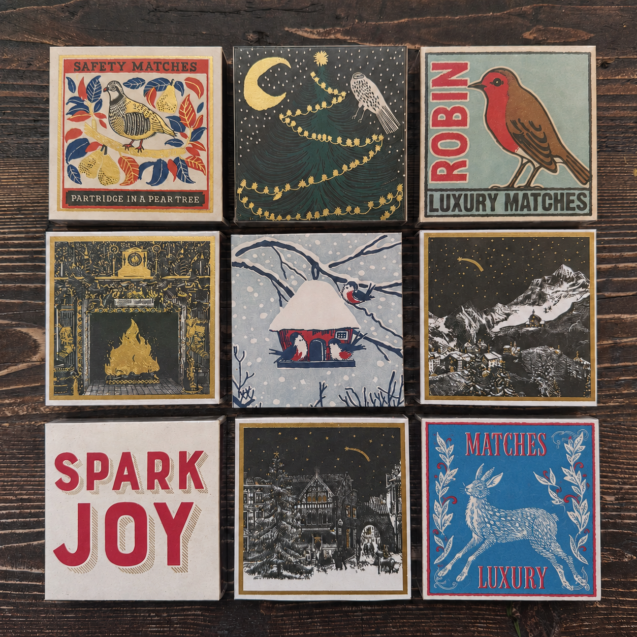 Nine square decorative festive match boxes arranged in a 3x3 grid on a dark wood surface. Each box features a different vintage-style illustration with text such as 'SAFETY MATCHES,' 'ROBIN LUXURY MATCHES,' 'SPARK JOY,' and others in muted red, blue, cream, black, and gold tones.