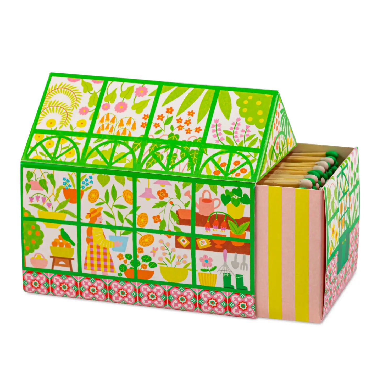 Colorful matchbox with garden-themed design on a white background