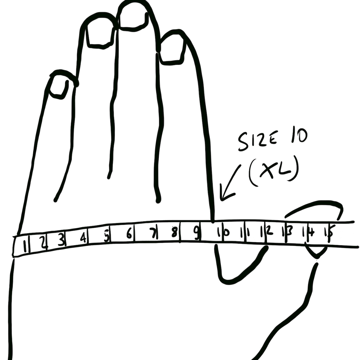 A simple black line drawing of a hand with a measuring tape wrapped around the wrist, plus handwritten text reading 'SIZE 10 (XL)'.