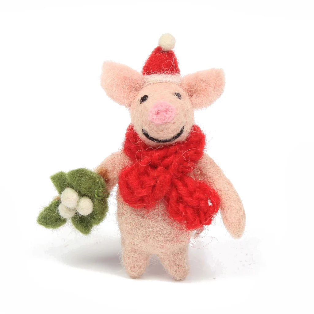 Mini Piglet with Mistletoe Sprig | Felt Christmas Decoration