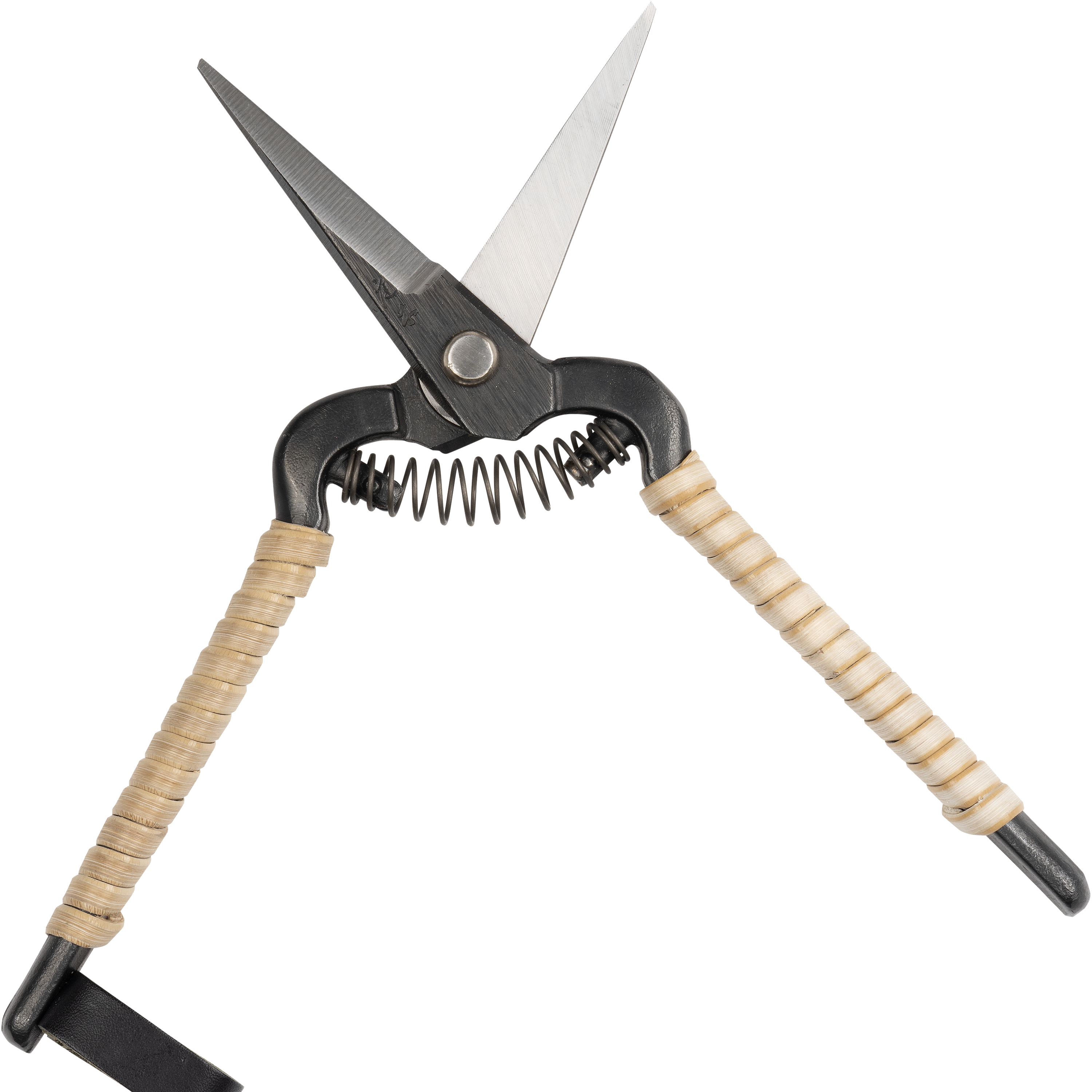 Niwaki Garden Snips with rattan handles on a white background