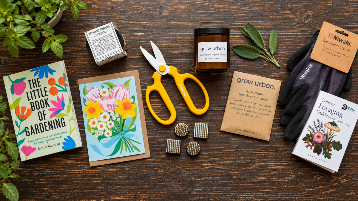 Flat lay of plant lover and gardener gifts including Niwaki flower scissors, kenzan, gardening gloves, books, seeds and a grow urban candle on a rustic wooden table.