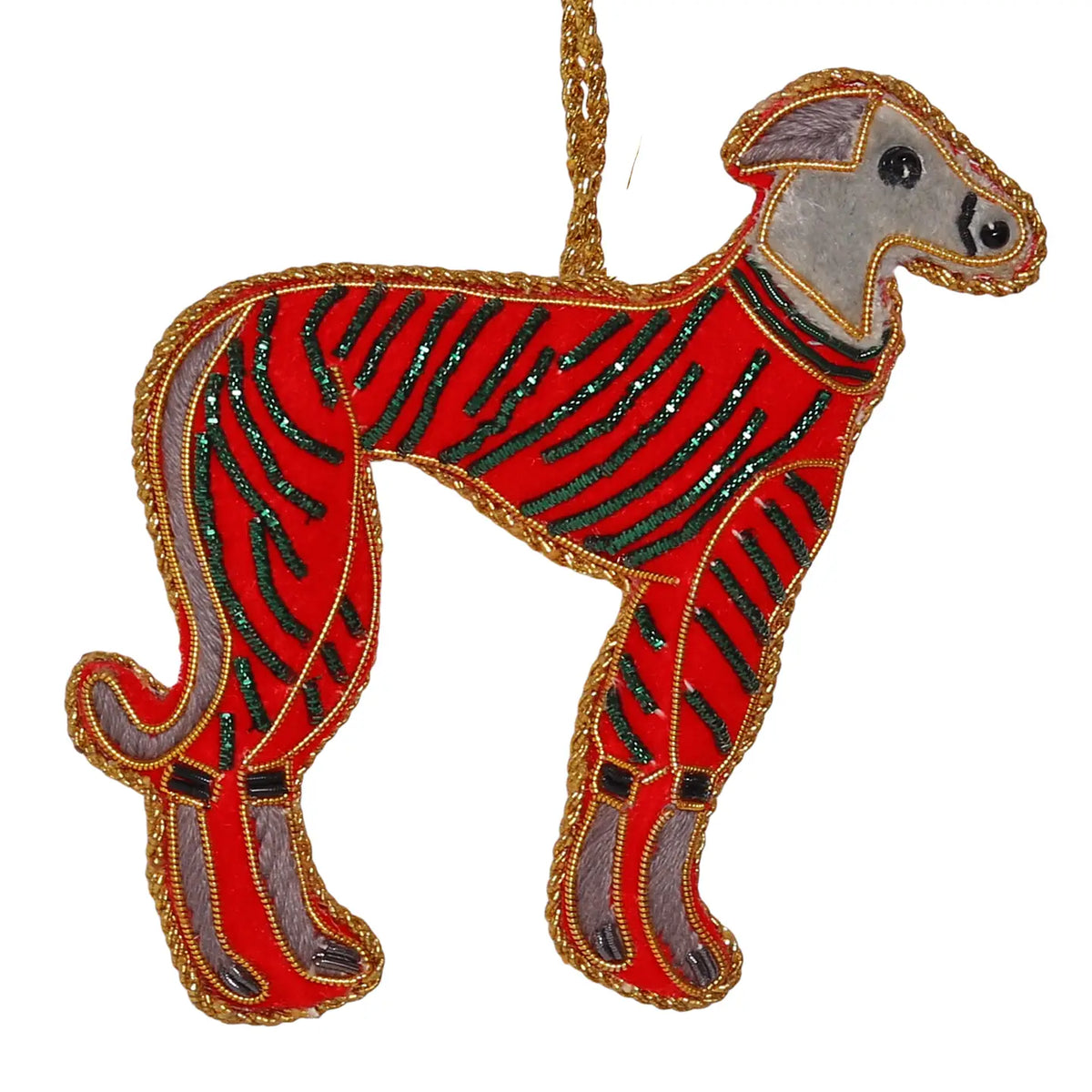 A decorative hanging ornament shaped like a greyhound dog, featuring a red body with black zebra-like stripes, a gray head and legs, and gold beaded trim with a hanging loop at the top, shown on a plain white background.
