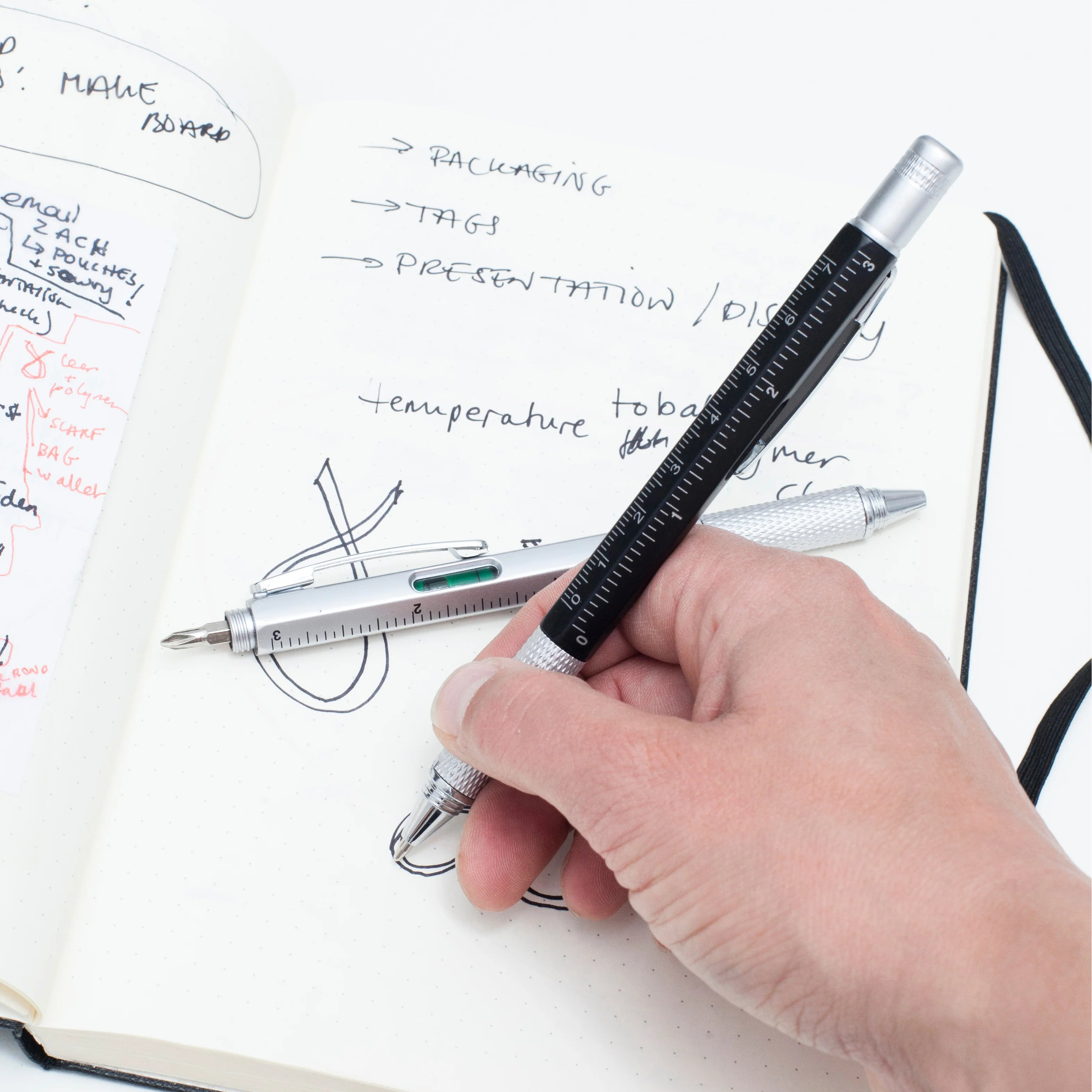 Hand holding a pen with a ruler attachment over a notebook filled with writing and diagrams.