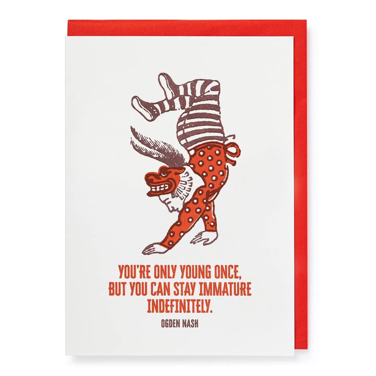 Card with a cartoon character and humorous quote on a white background with red border