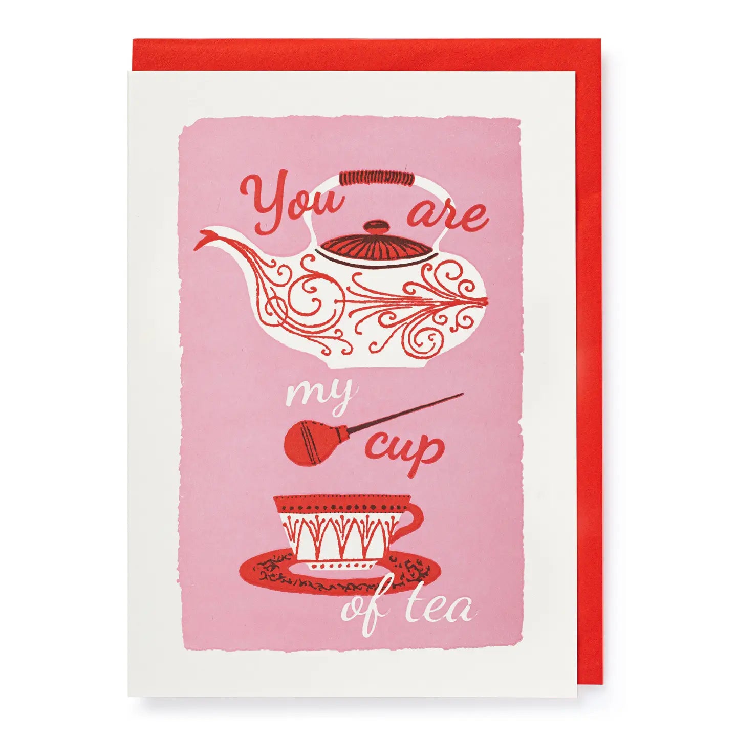 Greeting card with teapot and cup illustration and text on pink background