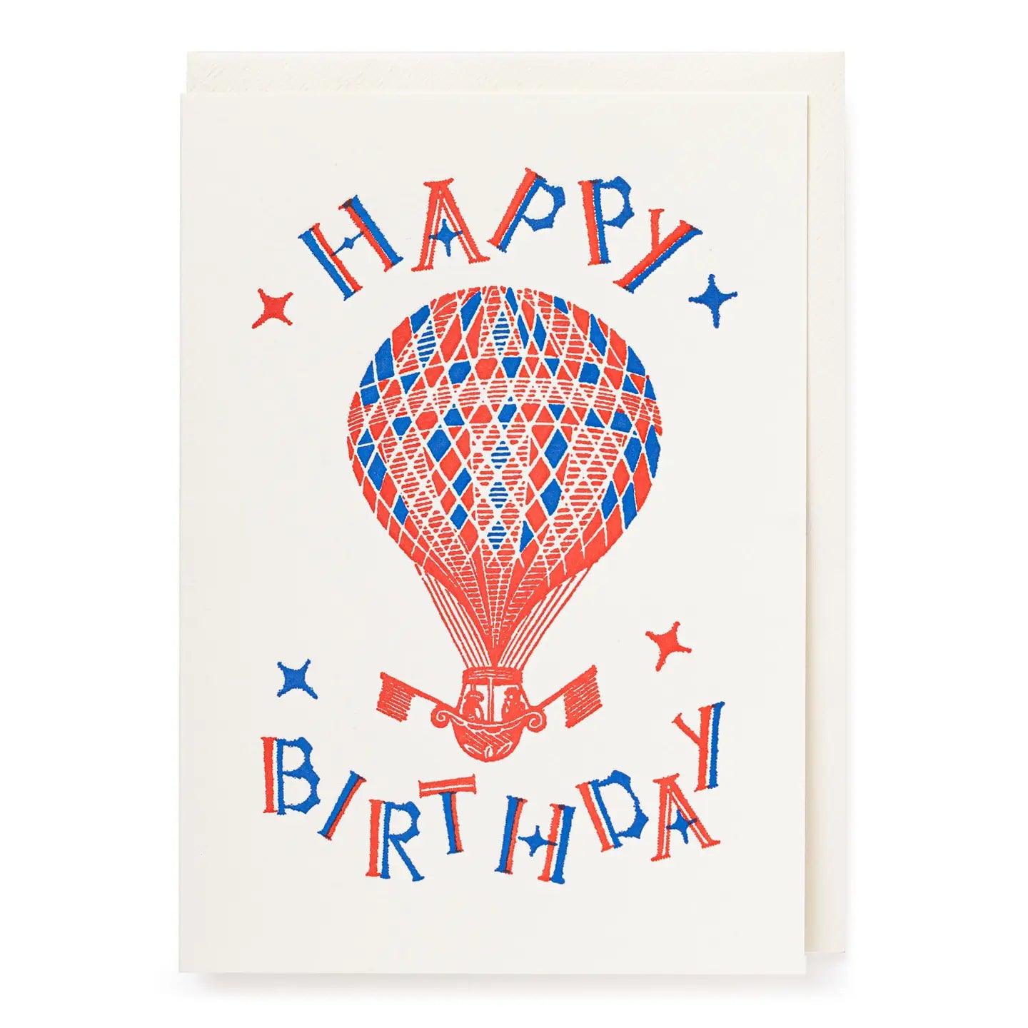 Greeting card with red and blue hot air balloon and 'Happy Birthday' text on a white background
