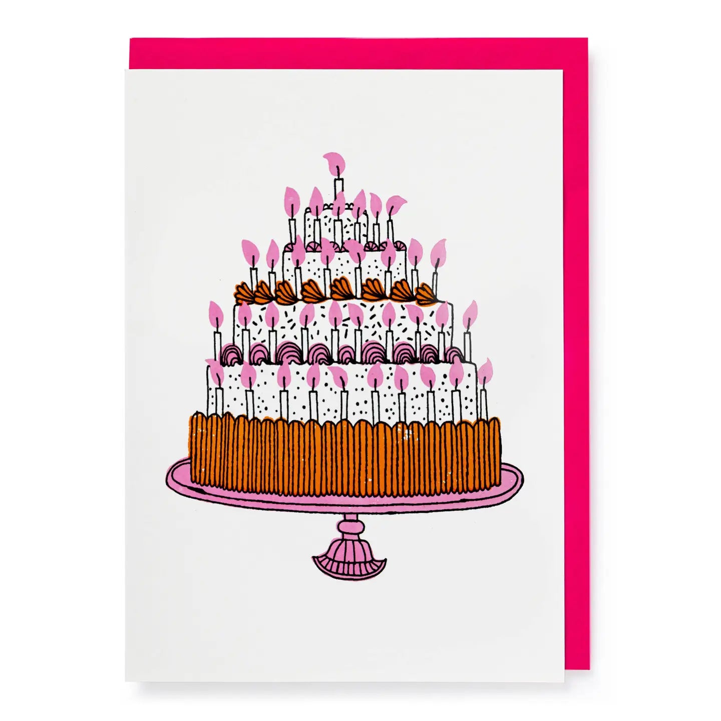 Card with a colorful illustration of a birthday cake with candles on a pink stand.