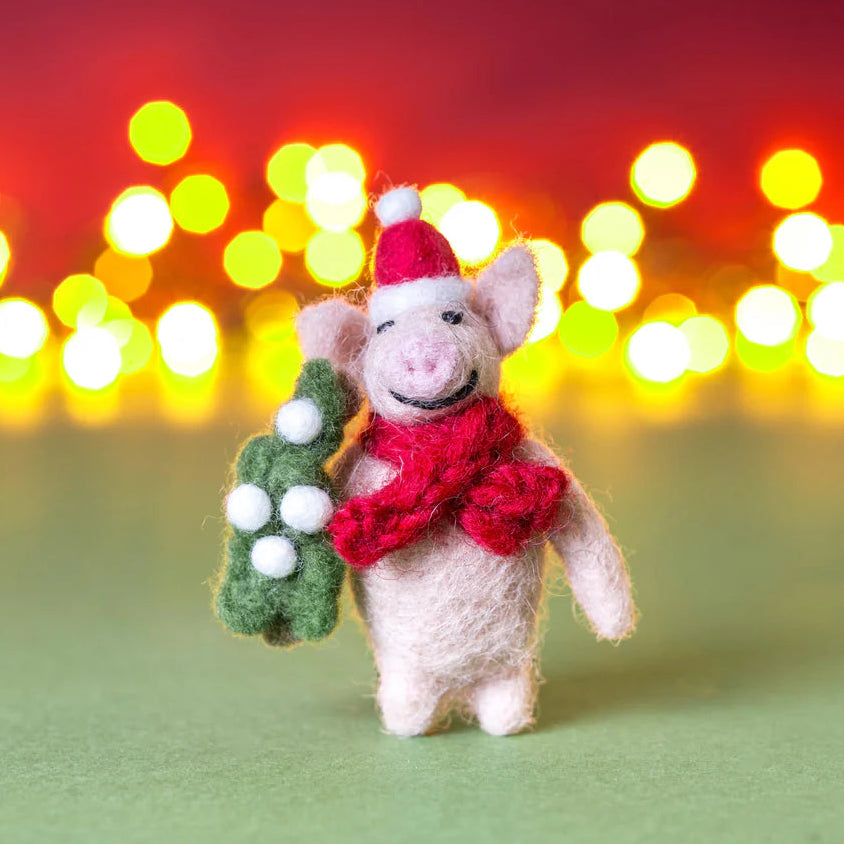 Mini Piglet with Mistletoe Sprig | Felt Christmas Decoration