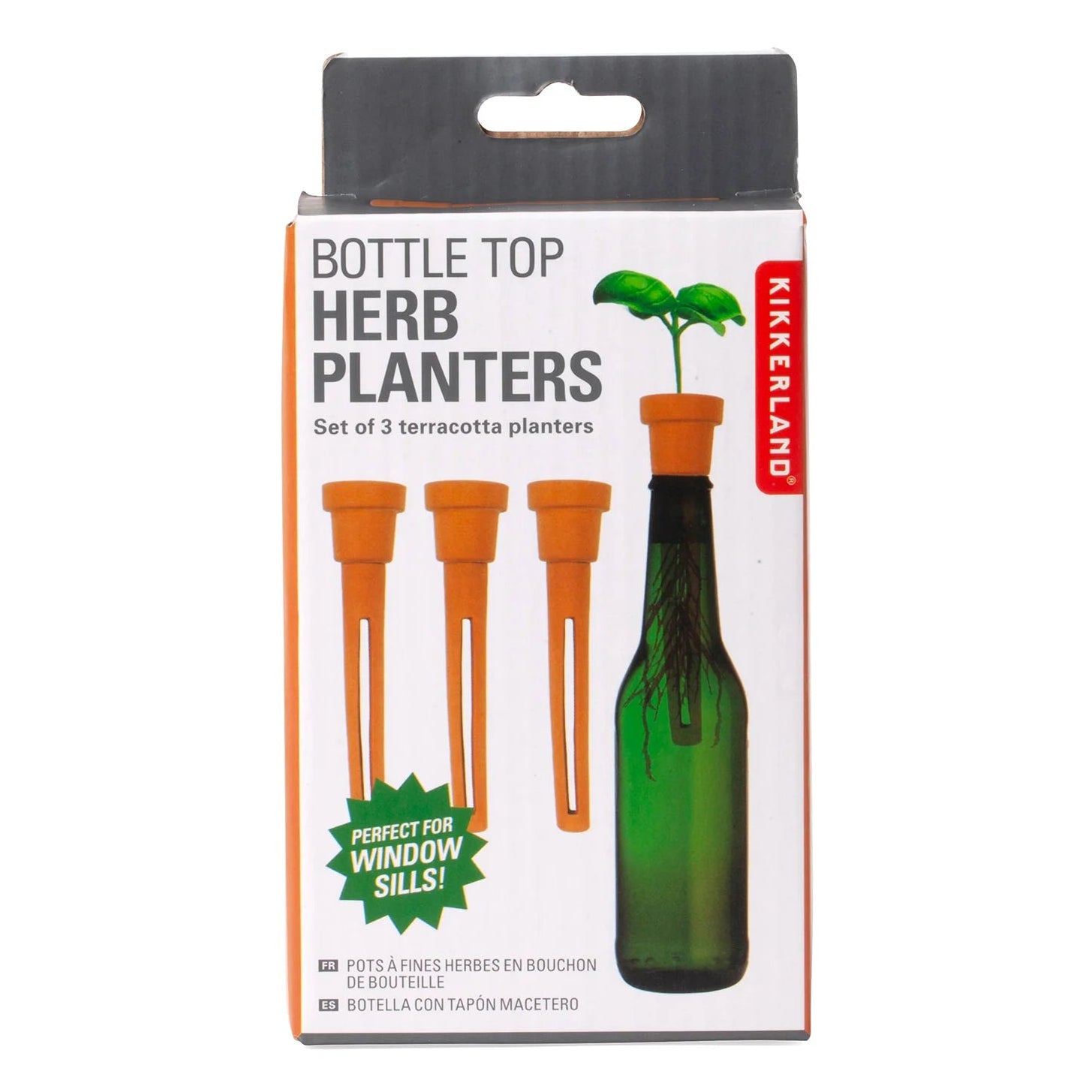 Kikkerland bottle top herb planters packaging on a white background