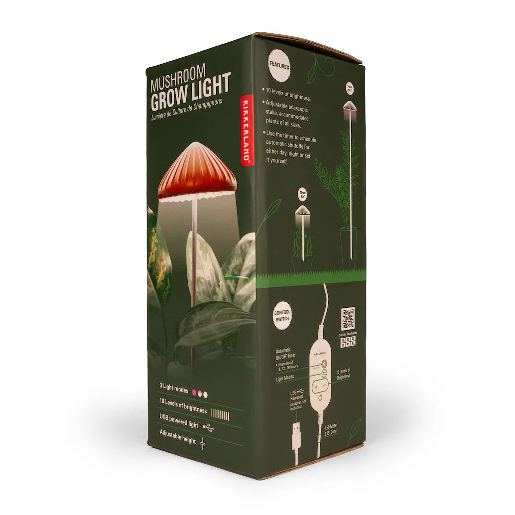 Mushroom grow light packaging on a white background