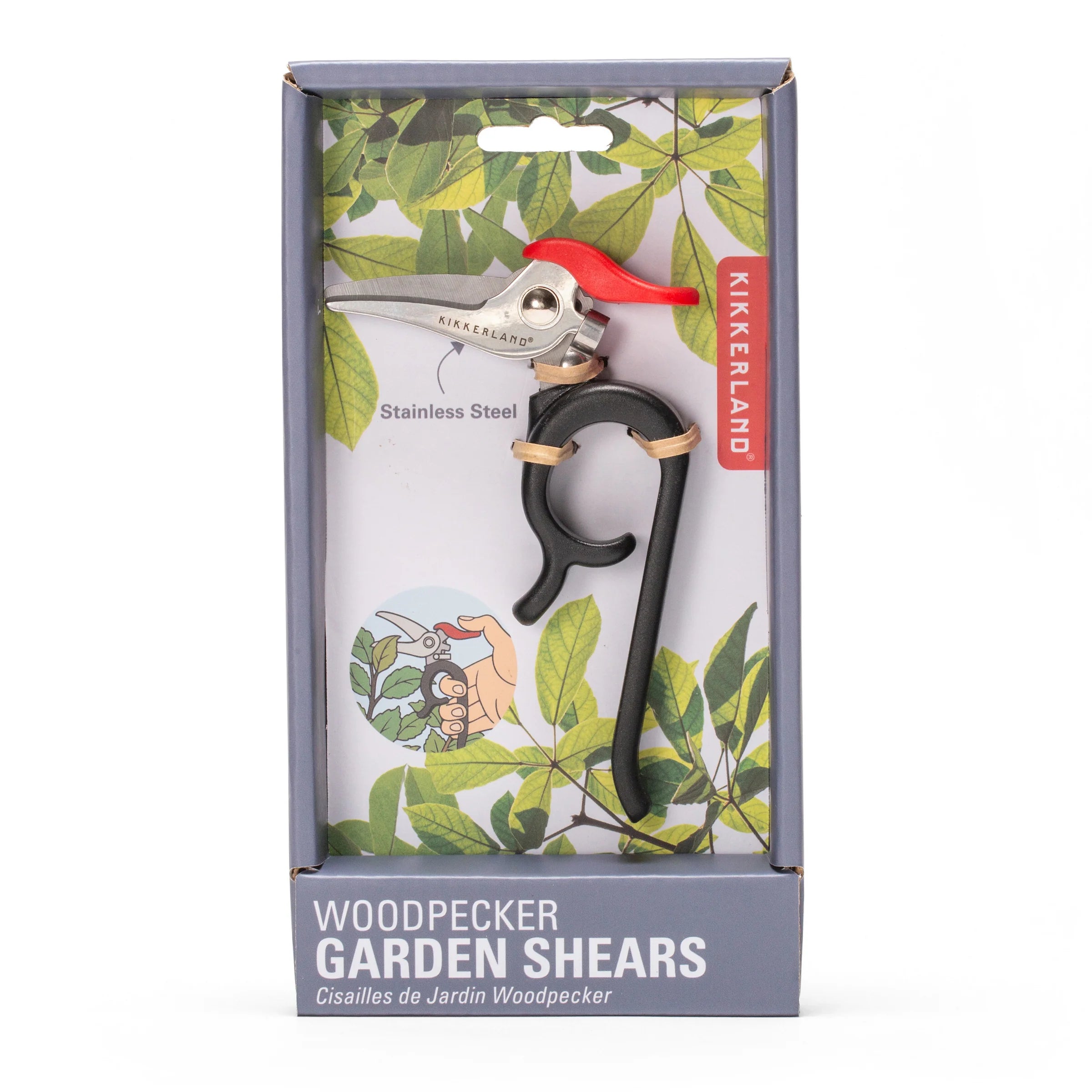 Kikkerland Woodpecker Garden Shears in retail packaging, featuring a black handle with a red lever and stainless steel blades.