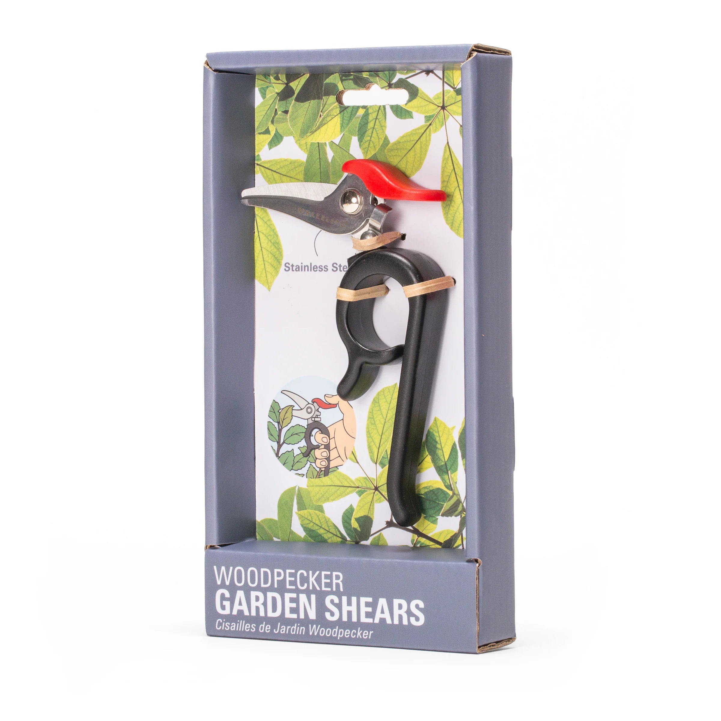 Woodpecker garden shears in a decorative box with green leaf design