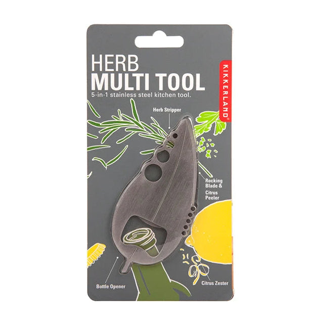 Kikkerland Herb Multi Tool in its original retail blister packaging, featuring a 5-in-1 stainless steel kitchen tool with illustrations of herbs and citrus on a gray background.