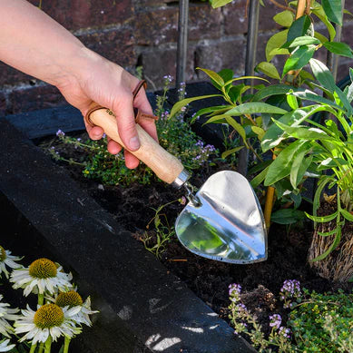 Person using a garden trowel in a garden with plants and flowers.