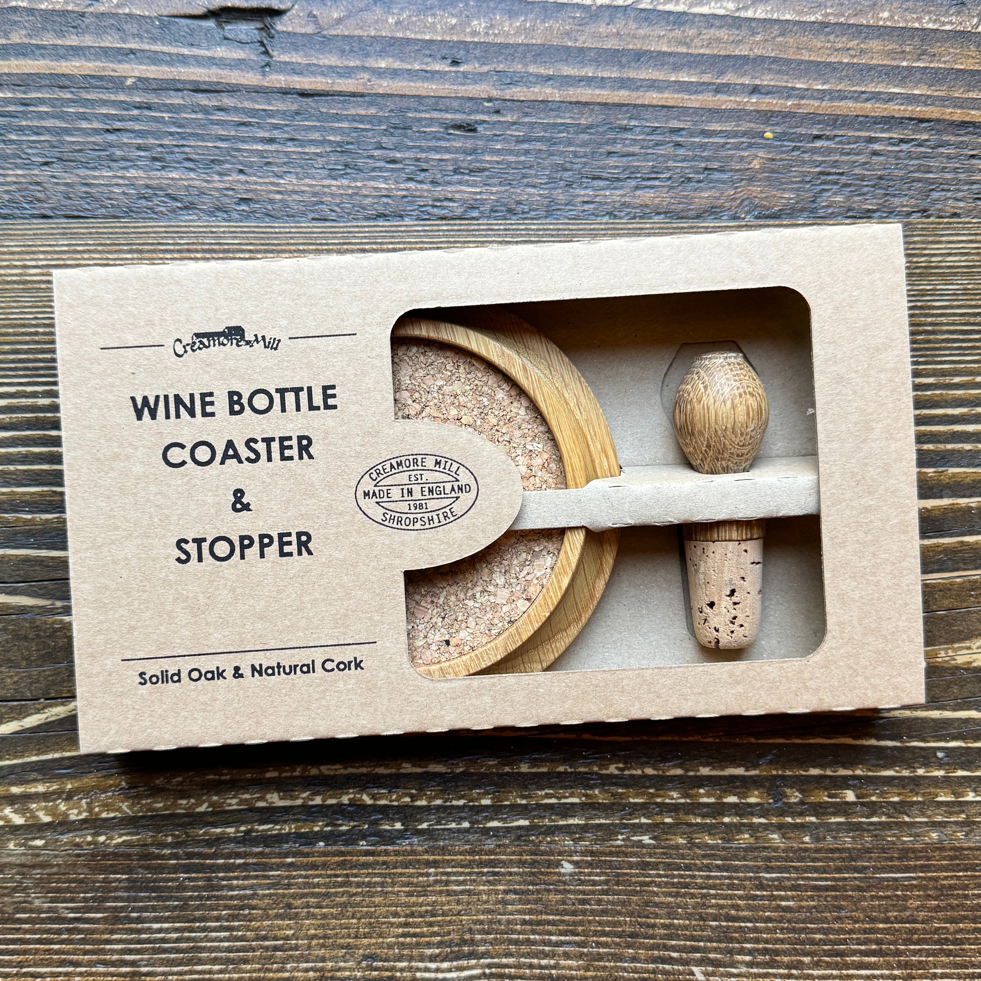 Oak Wine Coaster & Bottle Stopper Set