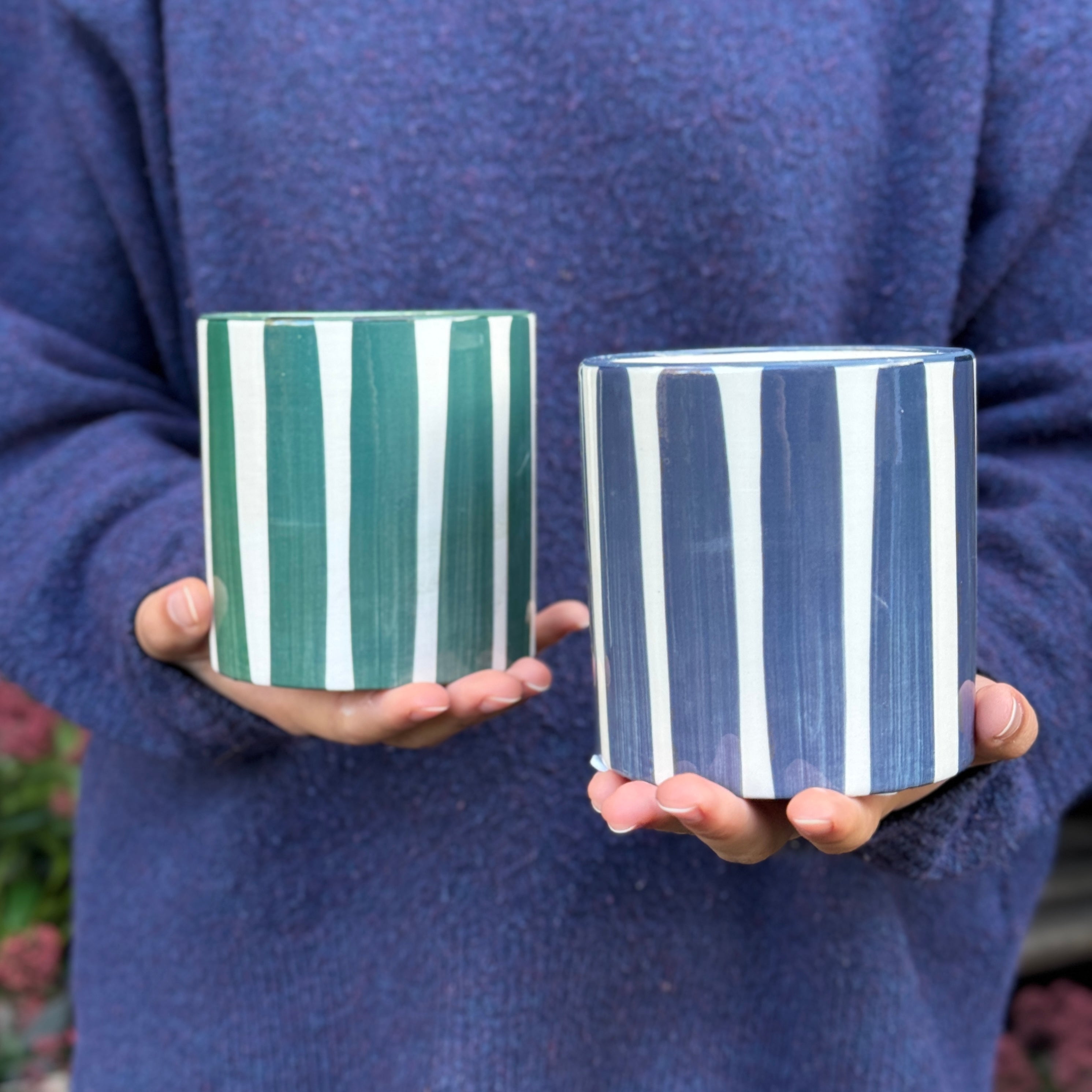 Painted Stripe Ceramic Pot – Blue/Green Mix (Assorted)