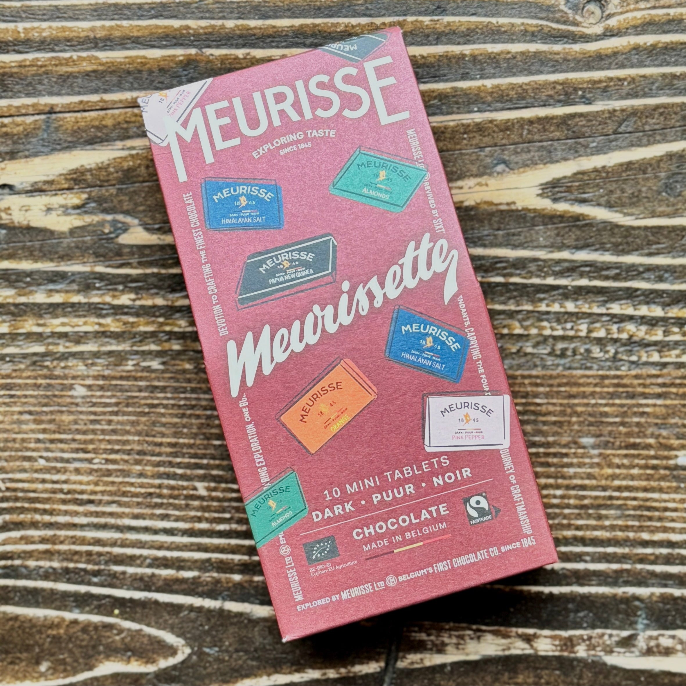 Meurisse Meurisette chocolate packaging on a wooden surface