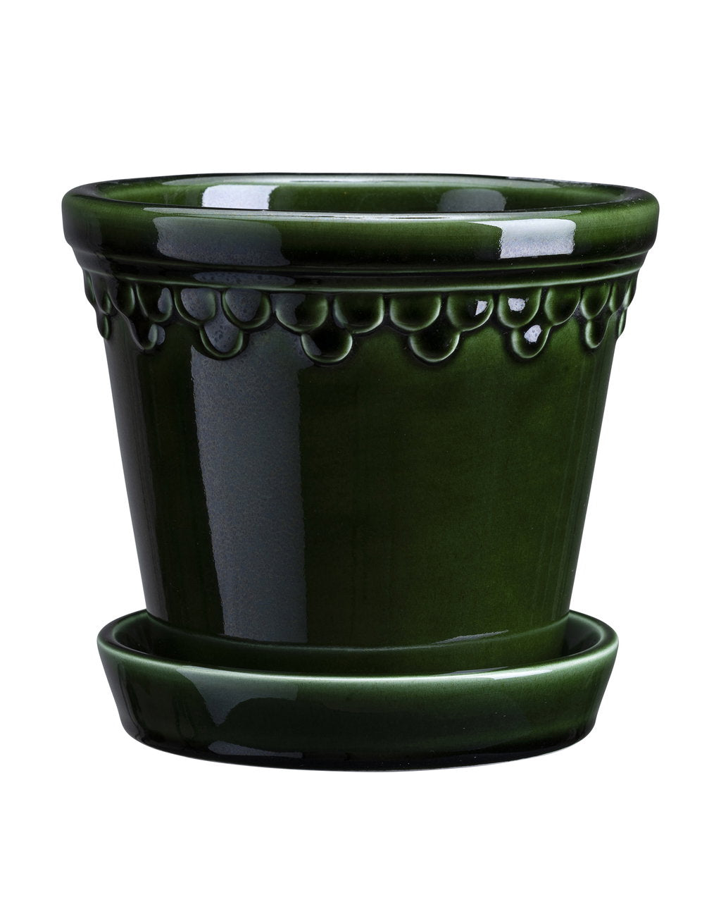 Bergs Potter Copenhagen 14cm plant pot and saucer in Emerald Green glazed ceramic