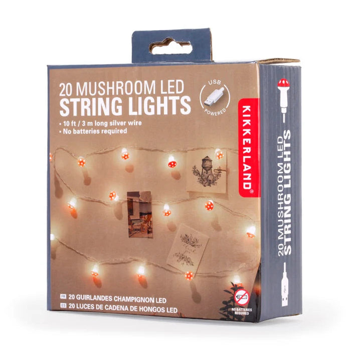 Kikkerland 20 Mushroom LED String Lights packaging on a white background