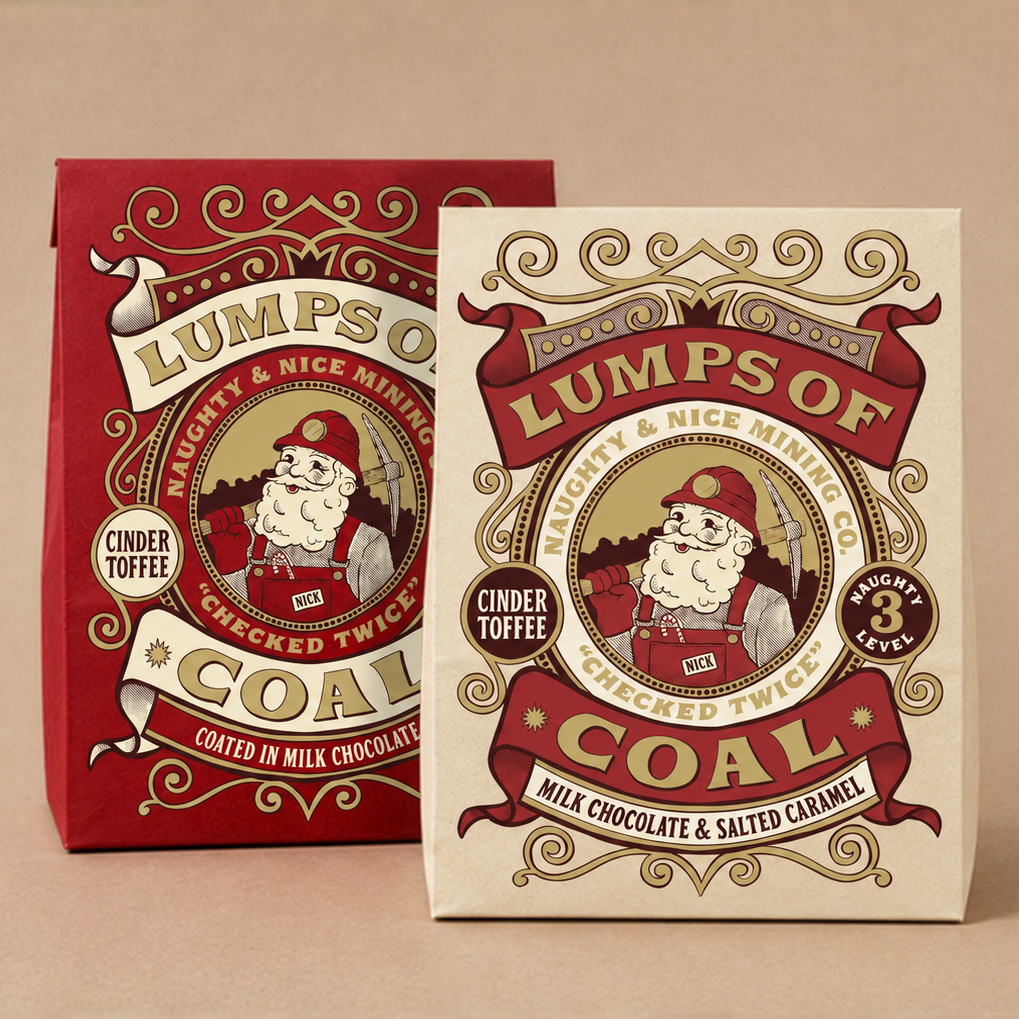 Two decorative product boxes for Lumps of Coal Cider Toffee, one red and one cream, shown on a plain beige background. The front box is upright and shows the main illustrated label, while the red box behind it shows the reverse side with the brand and product name.