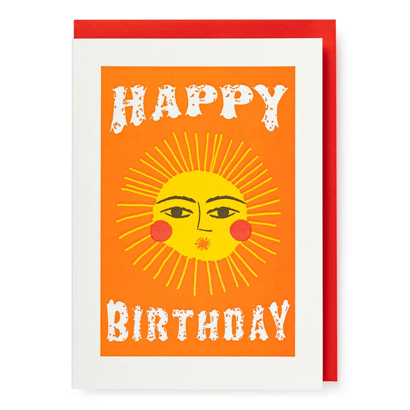 Birthday card with a sun design and 'Happy Birthday' text on an orange background.