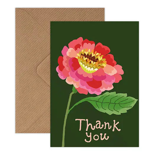 Greeting card with a colorful flower illustration and 'Thank You' text, featuring a brown envelope.