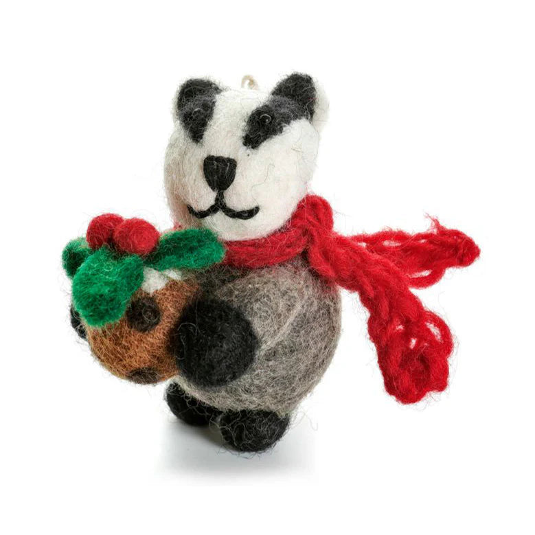 Badger with Christmas Pudding | Felt Christmas Decoration