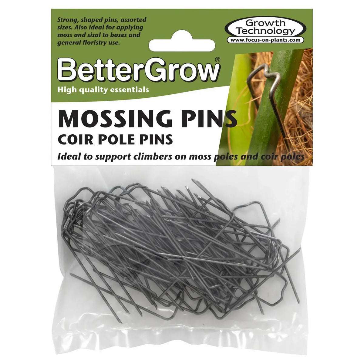 Packaging of BetterGrow mossing pins with product details on a white background