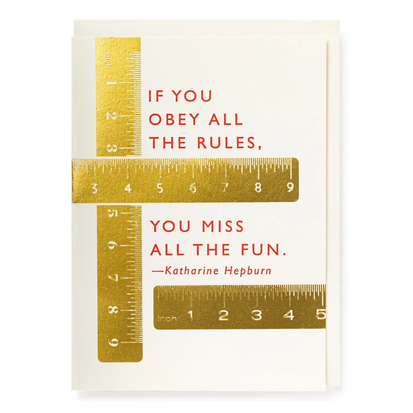 Card with gold ruler design and red text quote by Katharine Hepburn on a white background